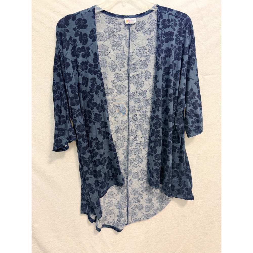 LuLaRoe Lindsay Kimono Cardigan Blue Floral Open Front High Low Medium